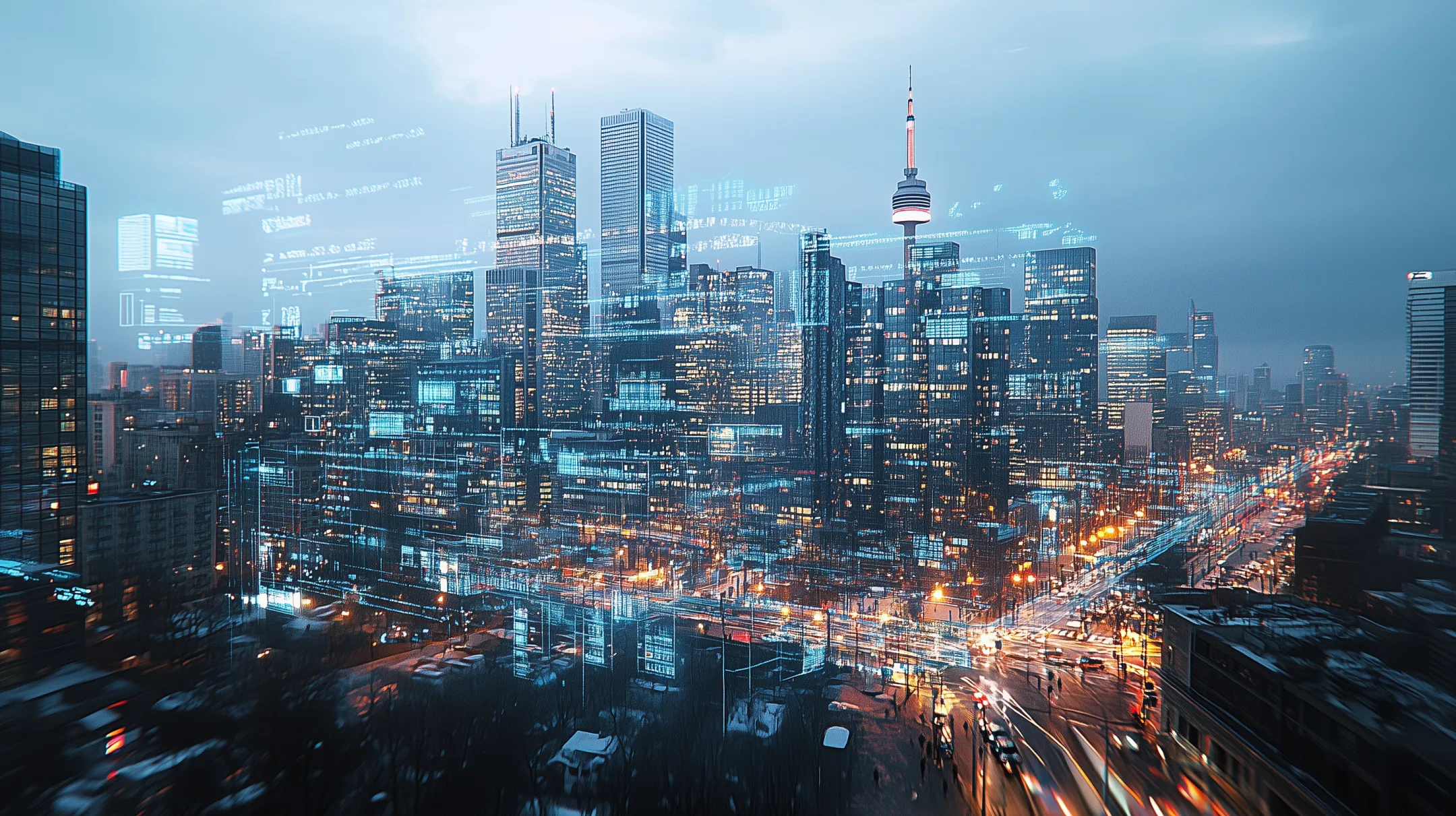 Ilustração de uma cidade movimentada com camadas de dados e gráficos sobrepostos, representando a aplicação do big data no planejamento urbano.