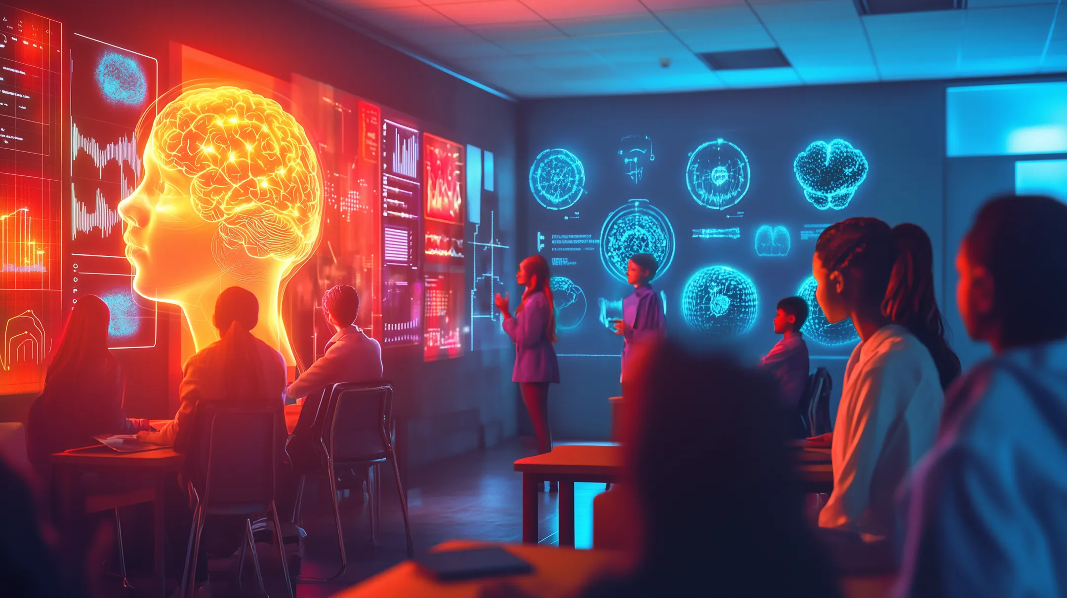 Ilustração de uma sala de aula futurista, com estudantes utilizando dispositivos neurotecnológicos e monitores exibindo sinais cerebrais, simbolizando um aprendizado personalizado.