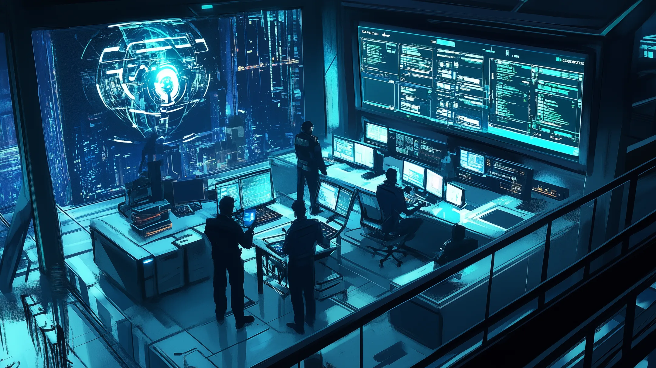 Cena de um centro de monitoramento com painéis de dados, onde agentes de segurança pública observam diagramas de grafos e ferramentas de vigilância digital.