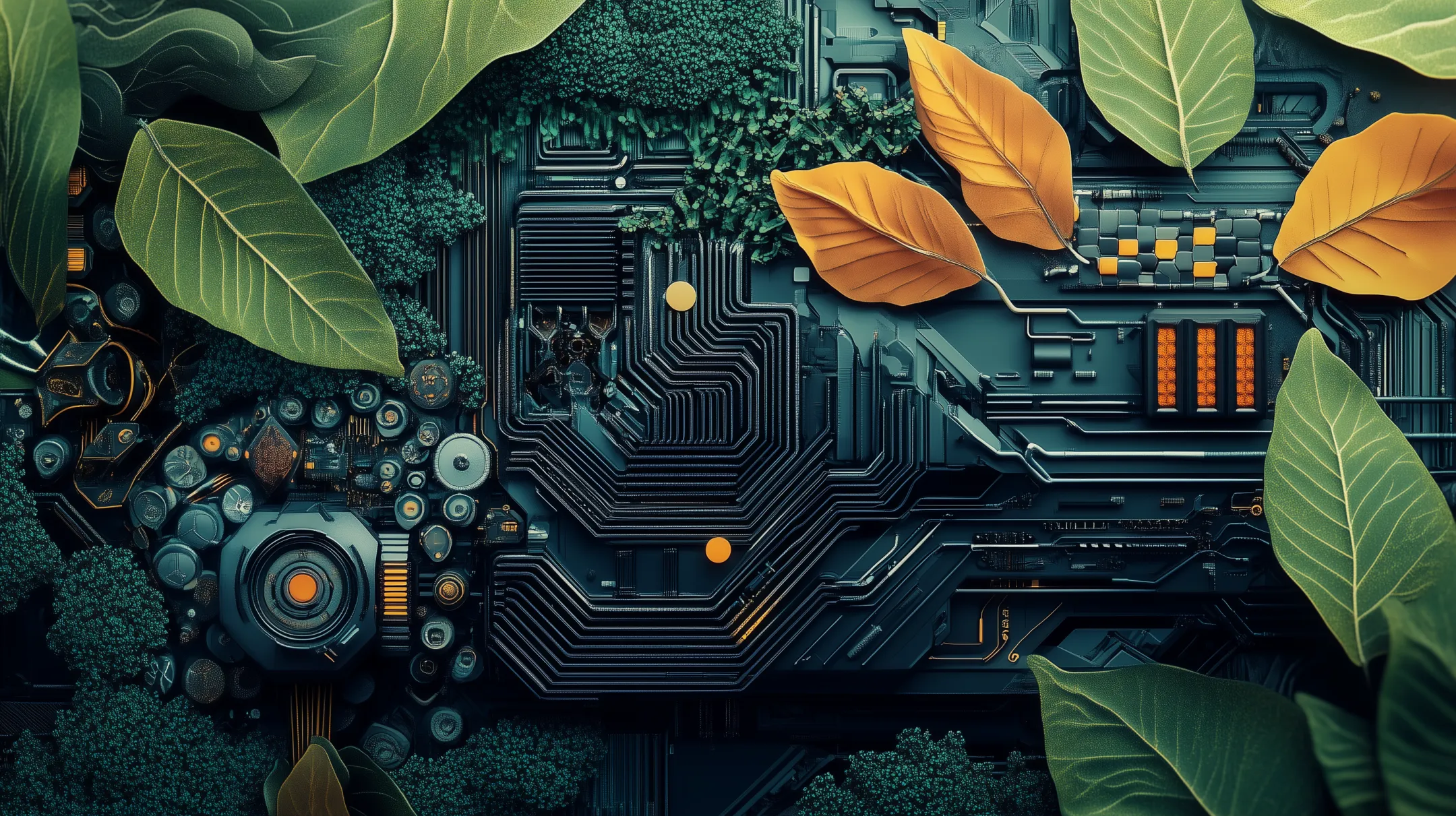 Ilustração que mescla protótipos tecnológicos futuristas com elementos naturais, como folhas e escamas, representando a ideia de inovação inspirada na natureza.