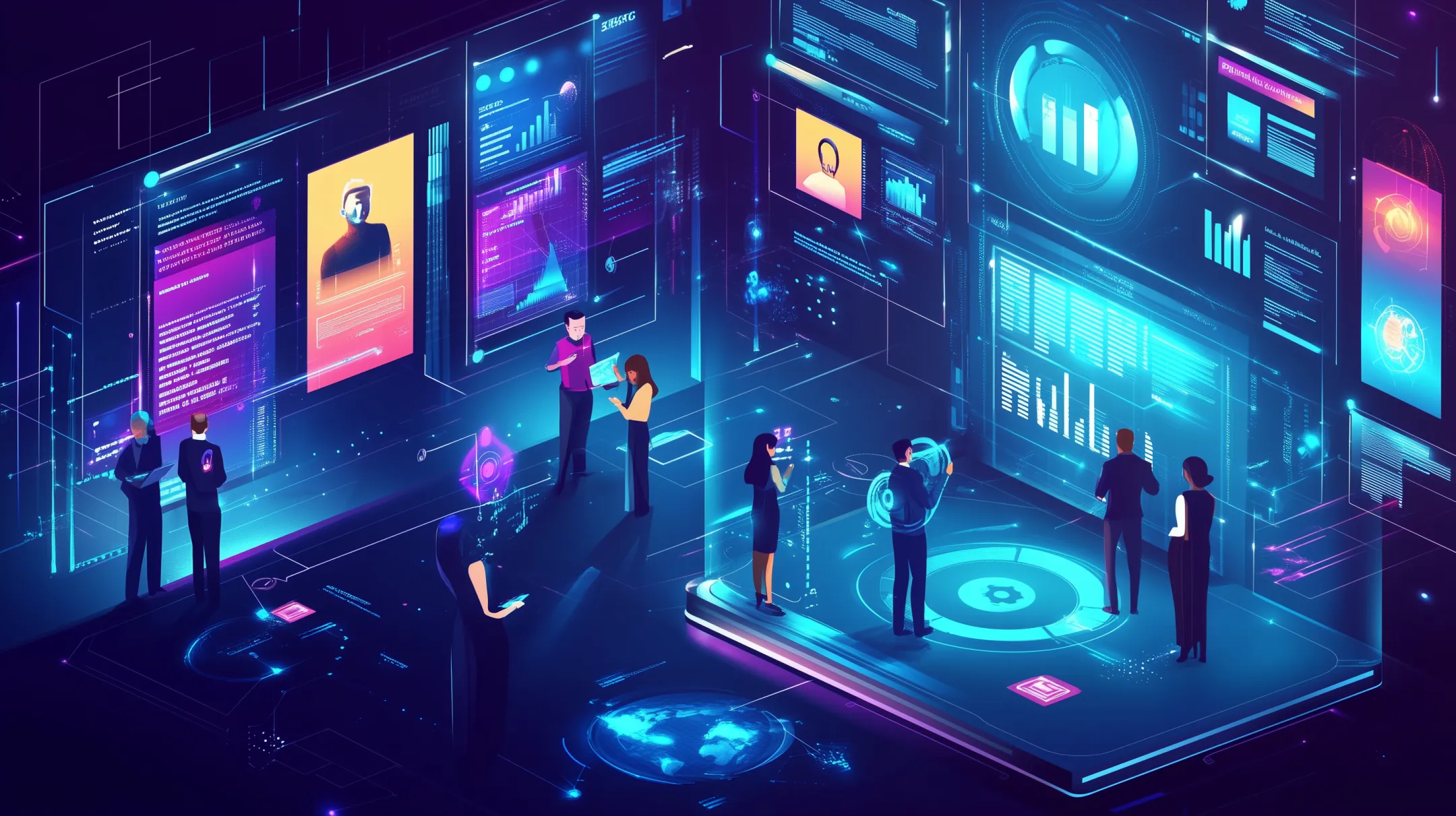 Ilustração futurista representando um departamento de RH com telas interativas, gráficos analíticos e elementos de gamificação, simbolizando a integração de tecnologias avançadas na gestão de pessoas.