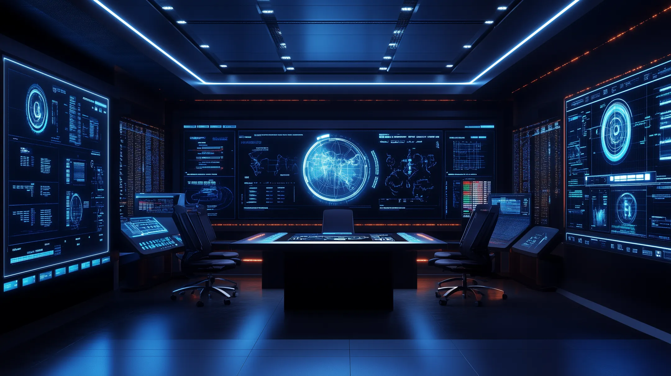 Sala futurista de investigação criminal com painéis interativos mostrando mapas de calor, gráficos de rede e análises geográficas, representando o uso da visualização de dados na segurança pública.