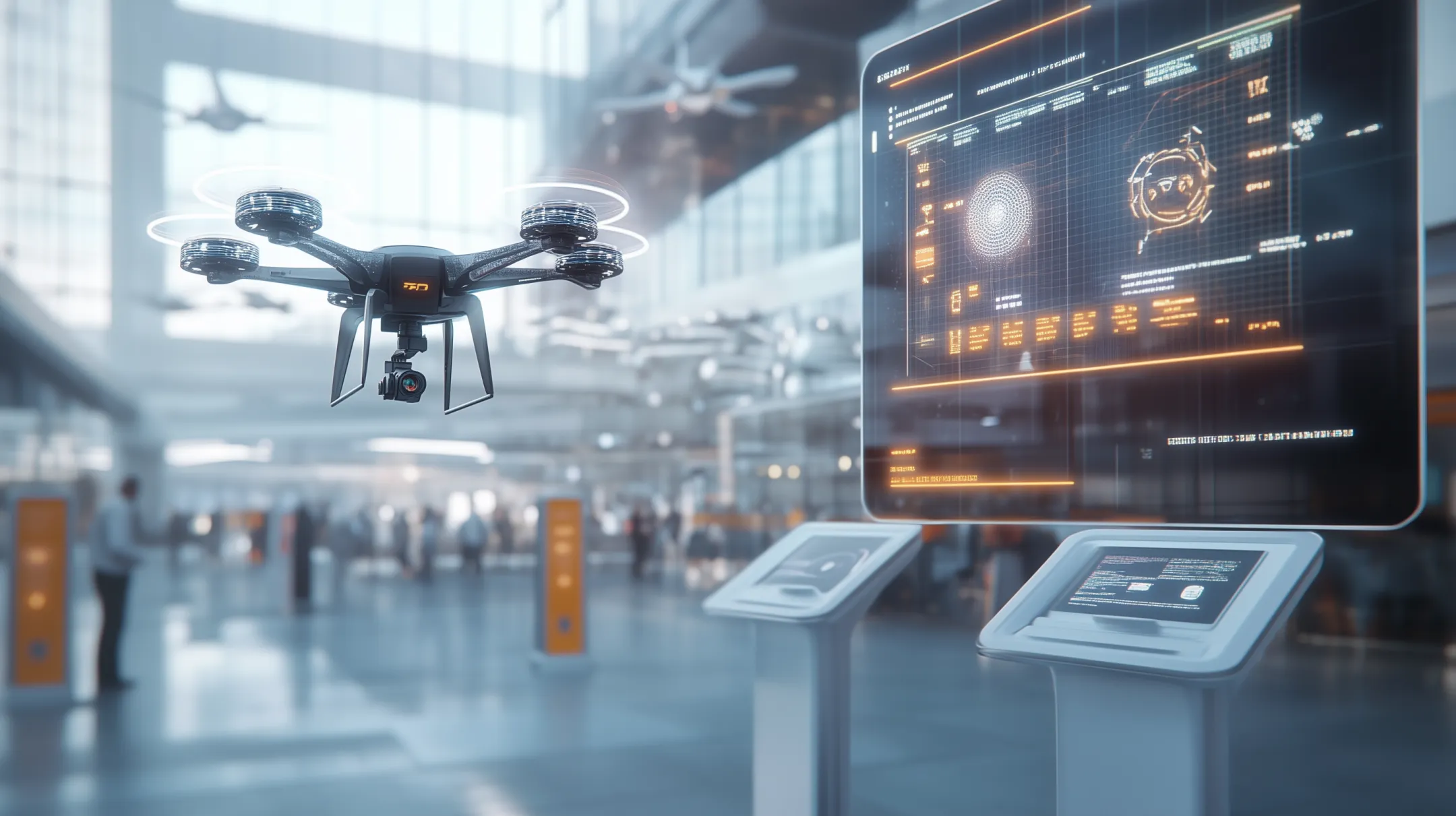 Ilustração fotorrealista de um centro de operações governamentais onde drones, quiosques automatizados e inteligência artificial otimizam os serviços públicos, com servidores analisando dados em painéis digitais.